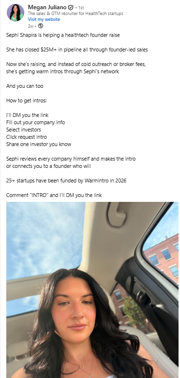 Megan Juliano’s LinkedIn post explaining how to use Warmintro and inviting readers to comment INTRO for the link.
